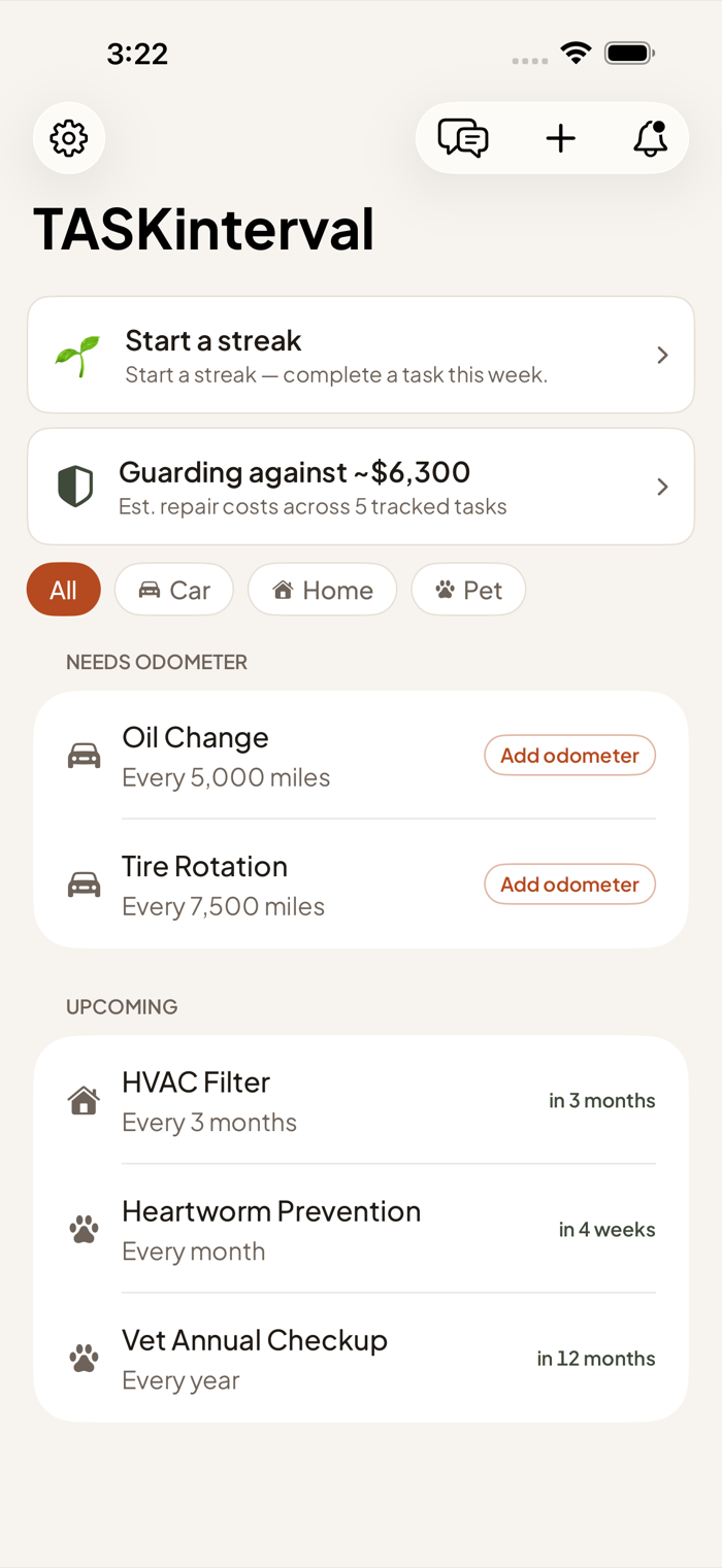 Dashboard: home, car, and pet maintenance tasks with an estimated-savings card