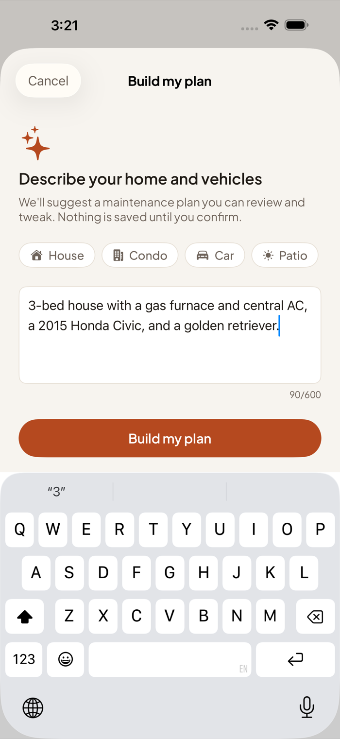 AI setup: describe your home and vehicles to build a starter maintenance plan