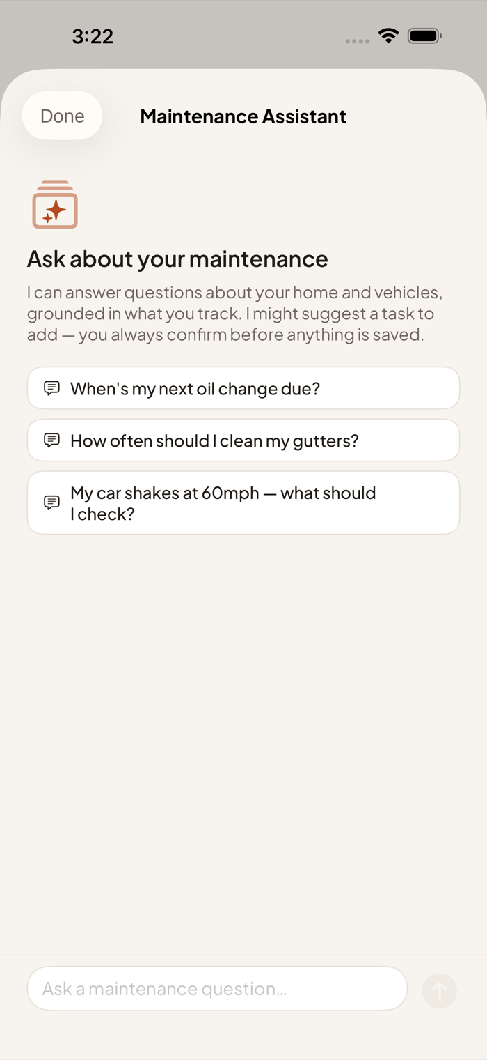AI maintenance assistant answering questions about your home and car